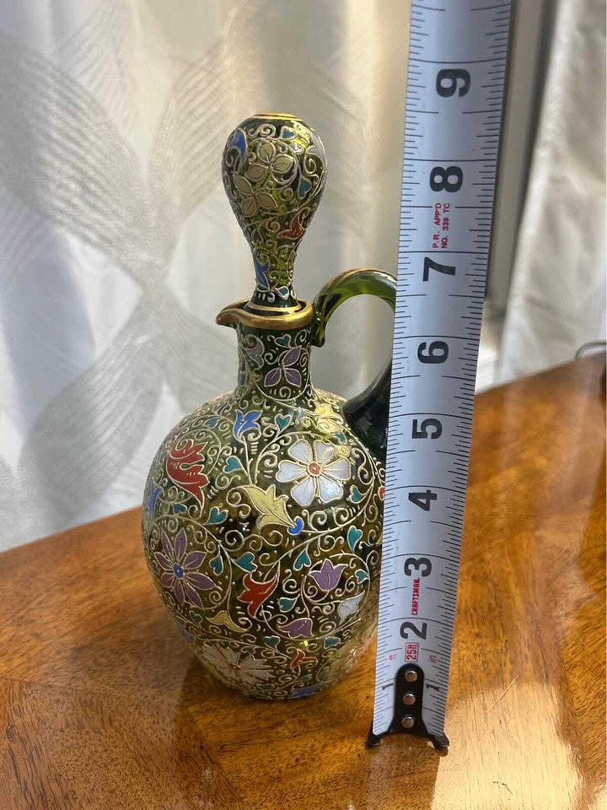 Antique Bohemian Enameled Green Glass Decanter Pitcher