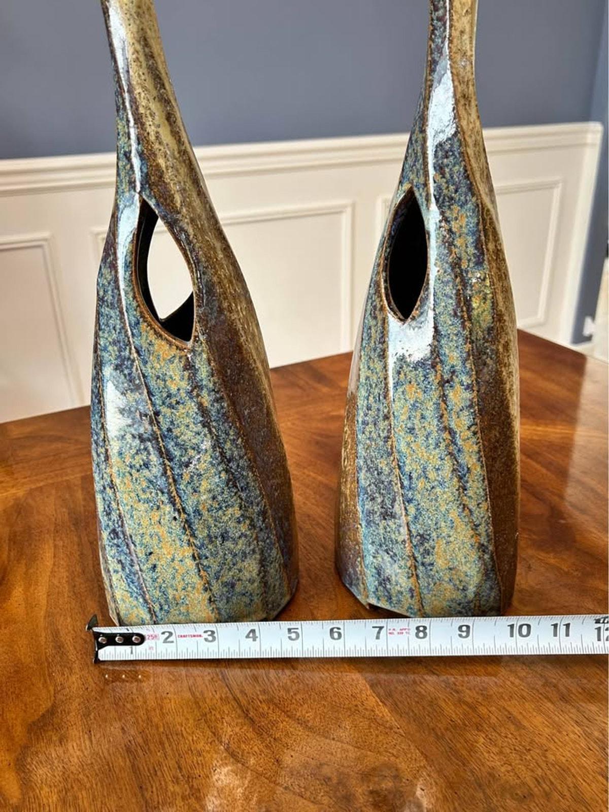 Vintage Studio Pottery Modernist Ikebana Vases Pair - Signed