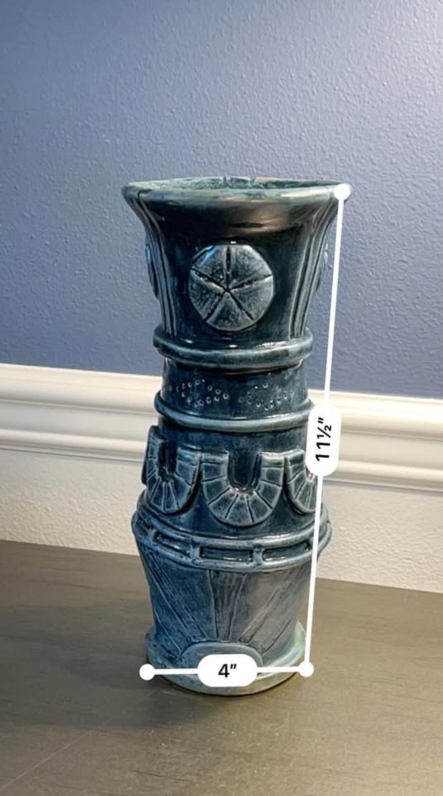 Artisan Indigo Blue Sand Dollar Pottery Vase - 11.5" Tall Coastal Stoneware
