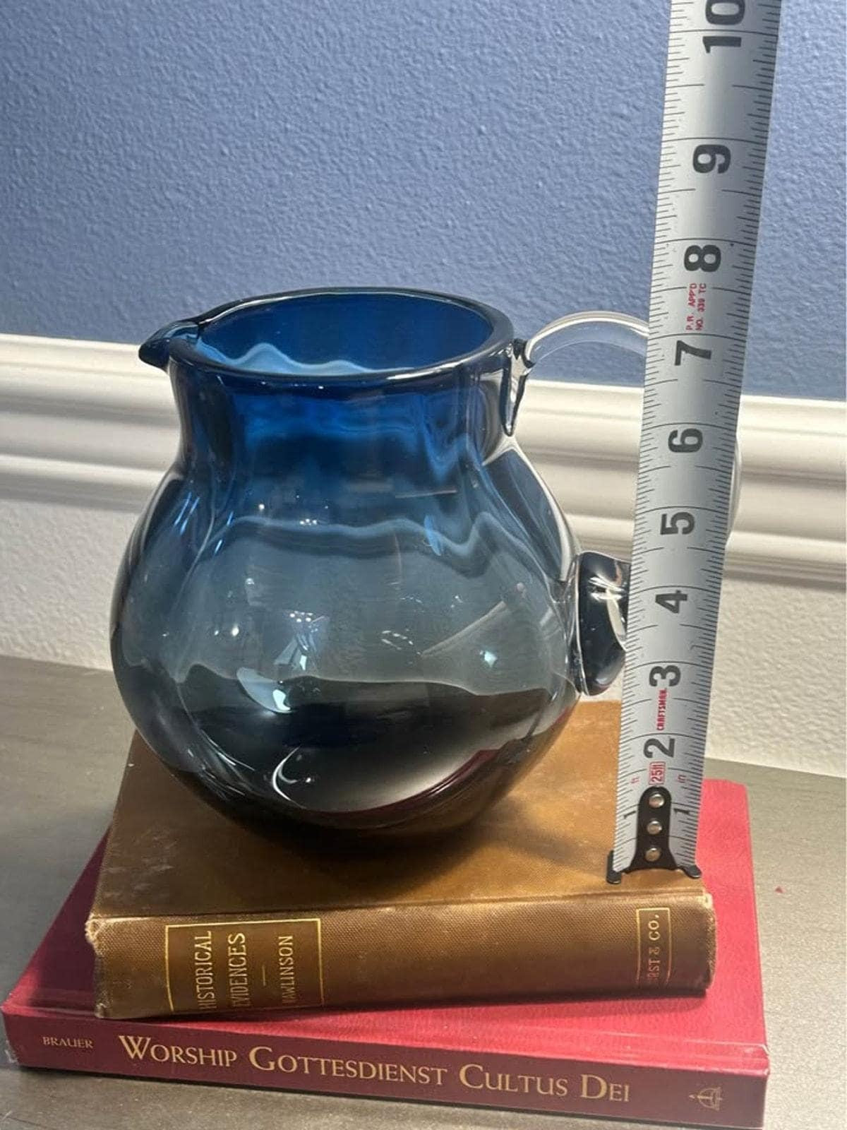 Mid-Century Hand-Blown Blue Art Glass Pitcher | Optic Ribbed Bulbous Jug with Clear Applied Handle