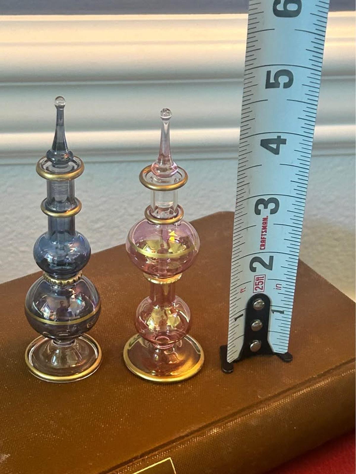 Vintage Egyptian Hand Blown Glass Perfume Bottles Gold Gilt Trim Set of Two
