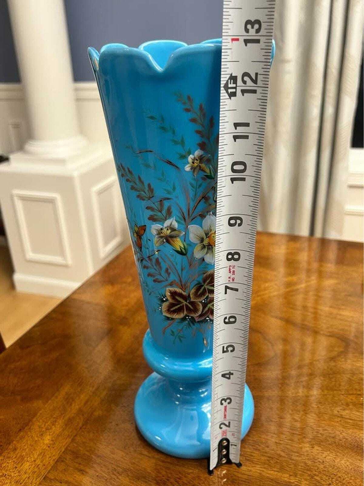 Antique Victorian Bristol Blue Glass Hand-Painted Enamel Floral Vase