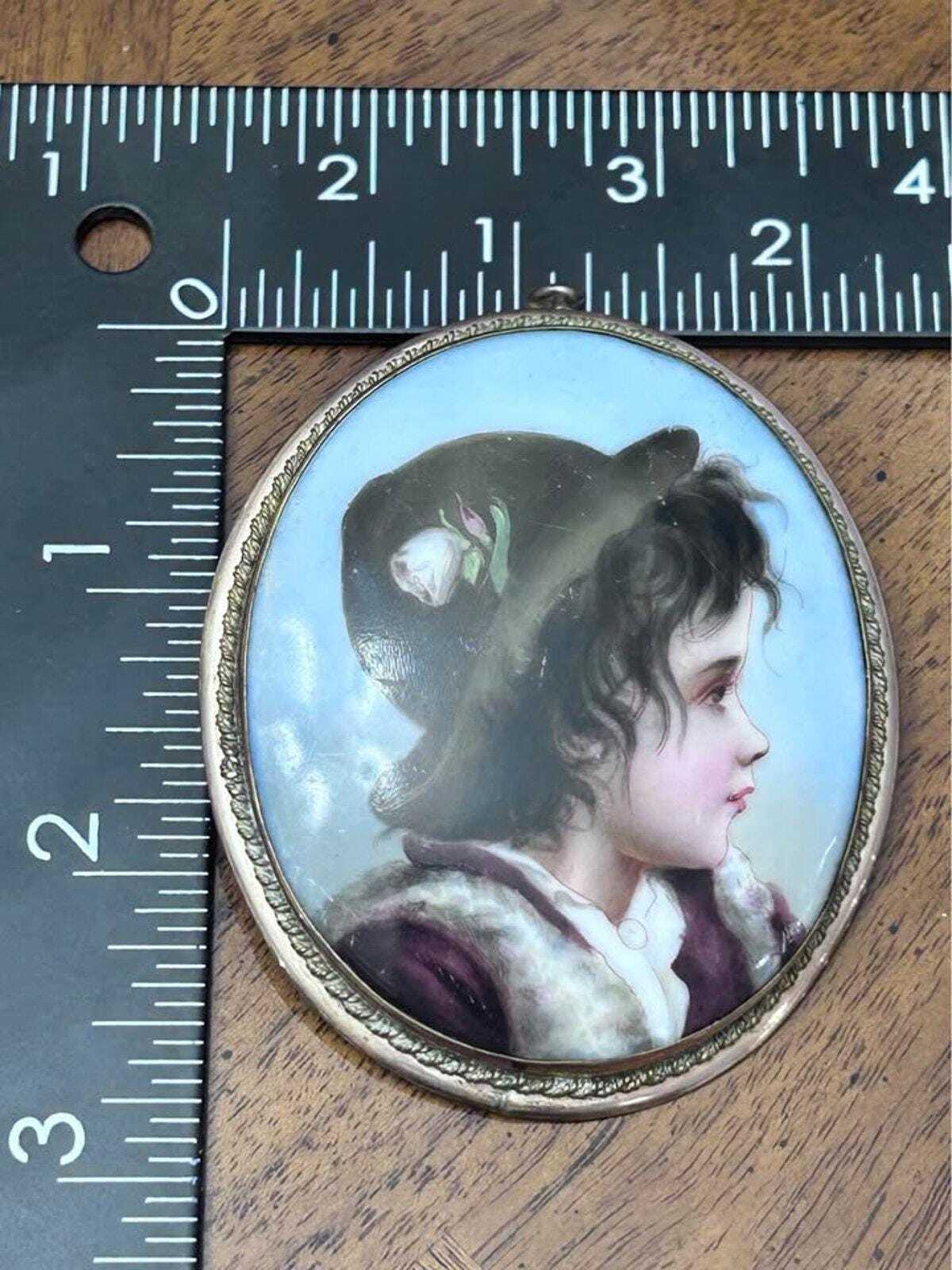 Antique Victorian Hand-Painted Porcelain Girl Portrait Brooch