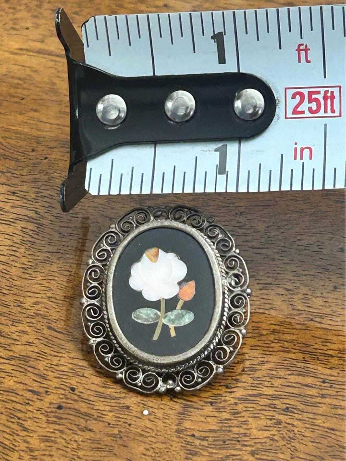 Vintage Italian 800 Silver Pietra Dura Style Floral Shell Inlay Brooch Pendant