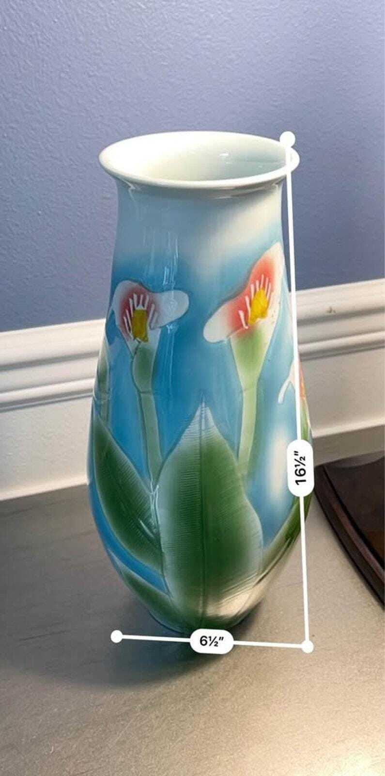 Large Hand-Painted Calla Lily Ceramic Vase with Chinese Calligraphy