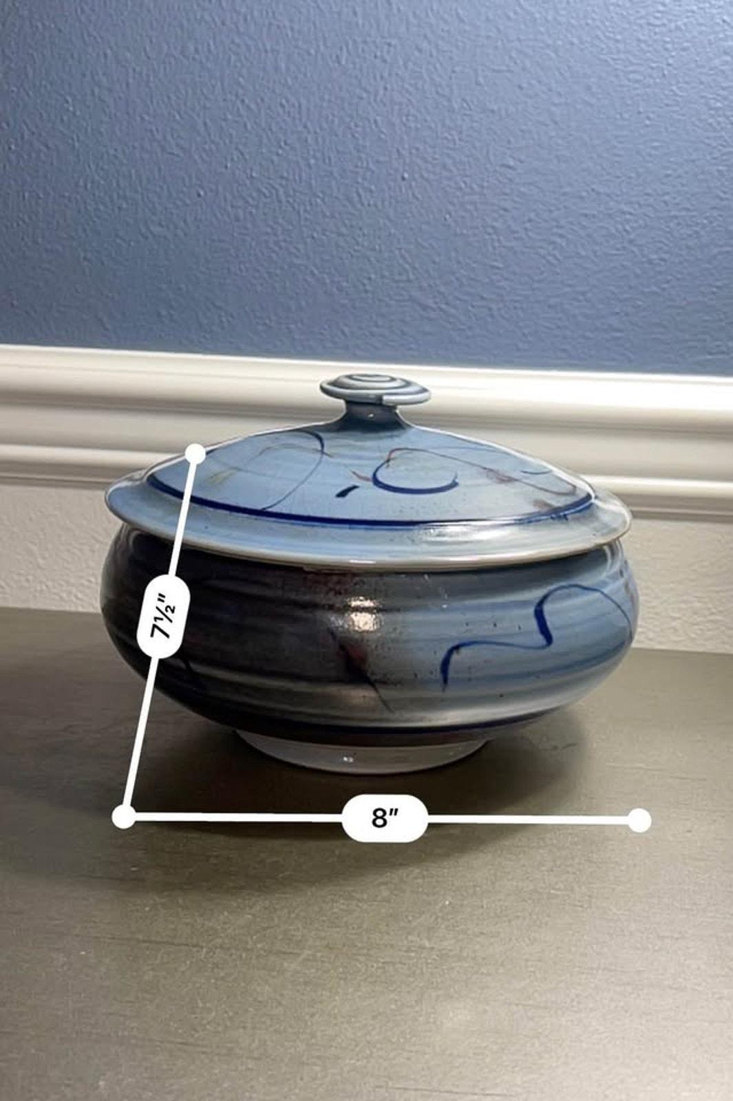 Signed Studio Pottery Covered Bowl | Blue Crackle Glaze & Spiral Knob