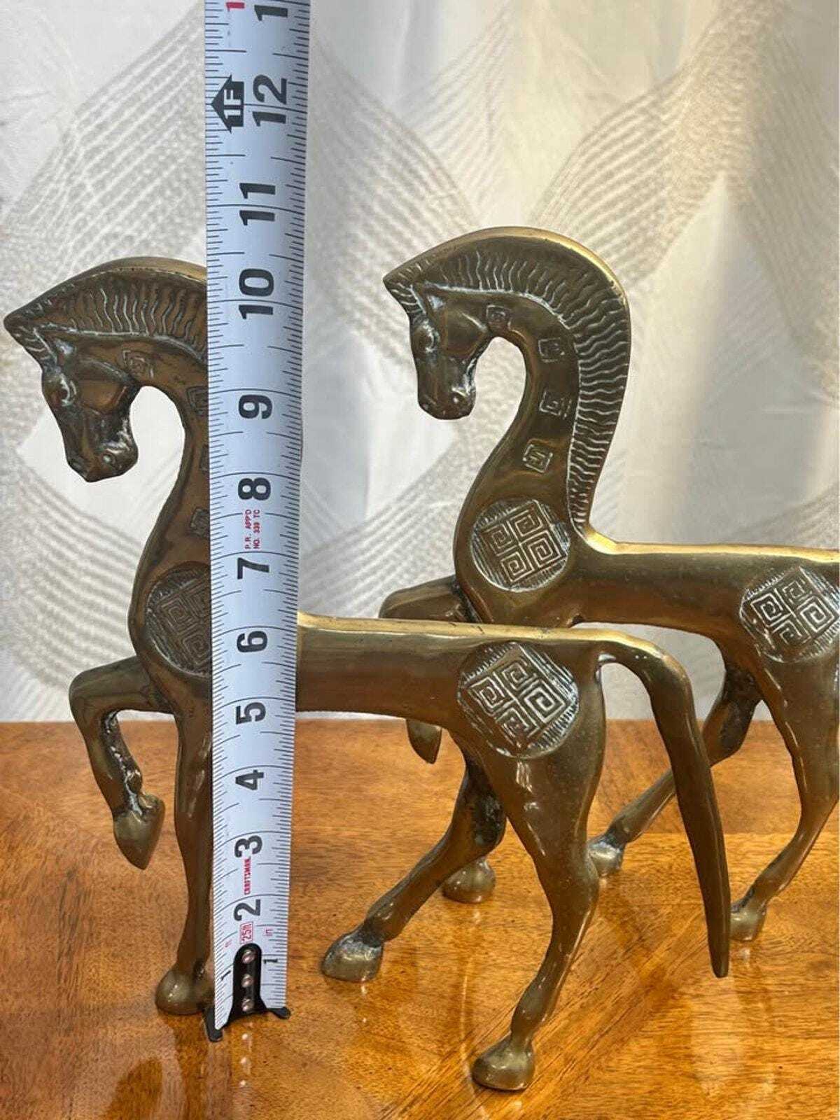 Vintage Mid-Century Brass Greek Geometric Horse Figurines | Etruscan Revival Sculptures | Frederick