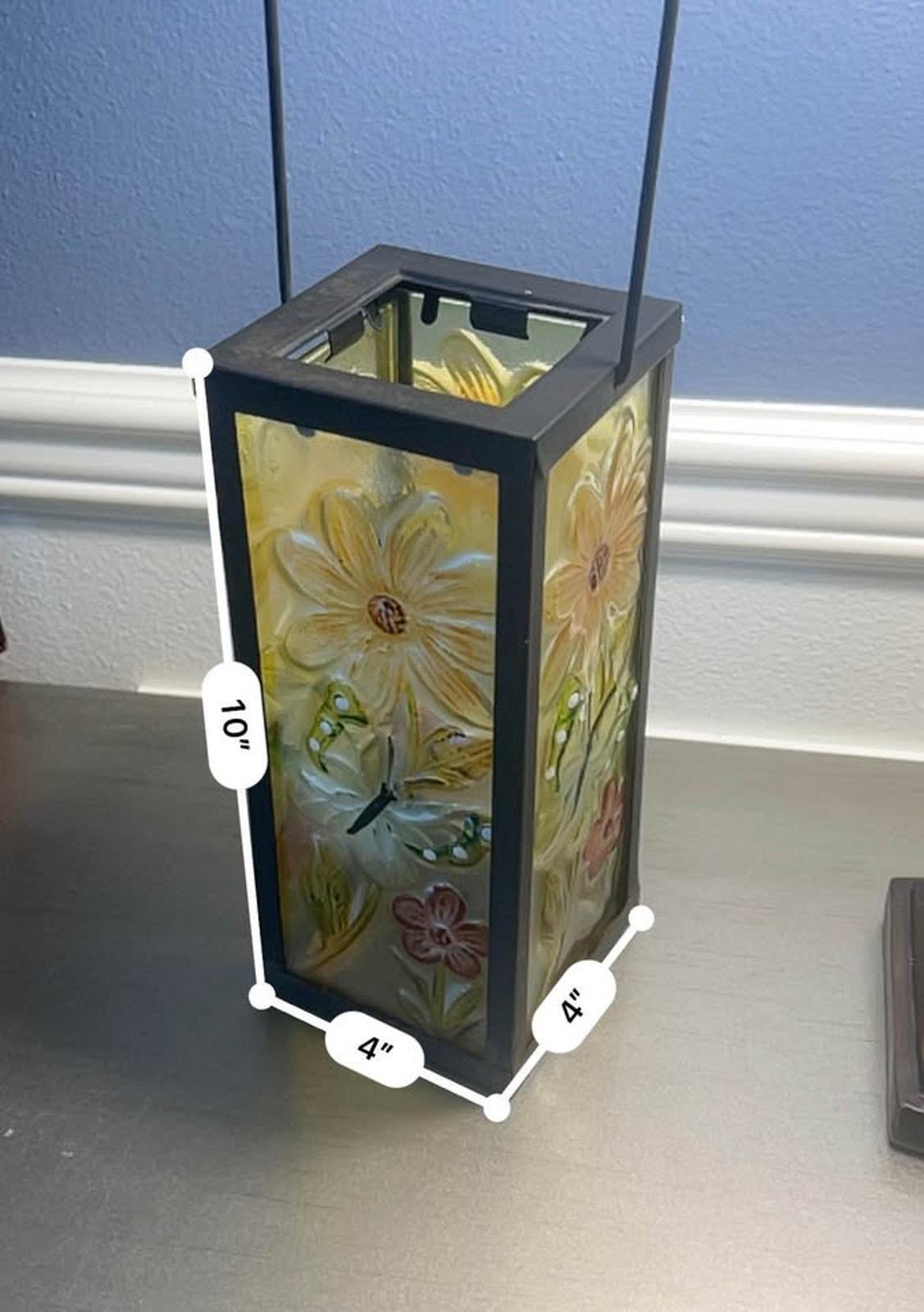 Hand-Painted Floral Textured Glass Lantern with Metal Frame