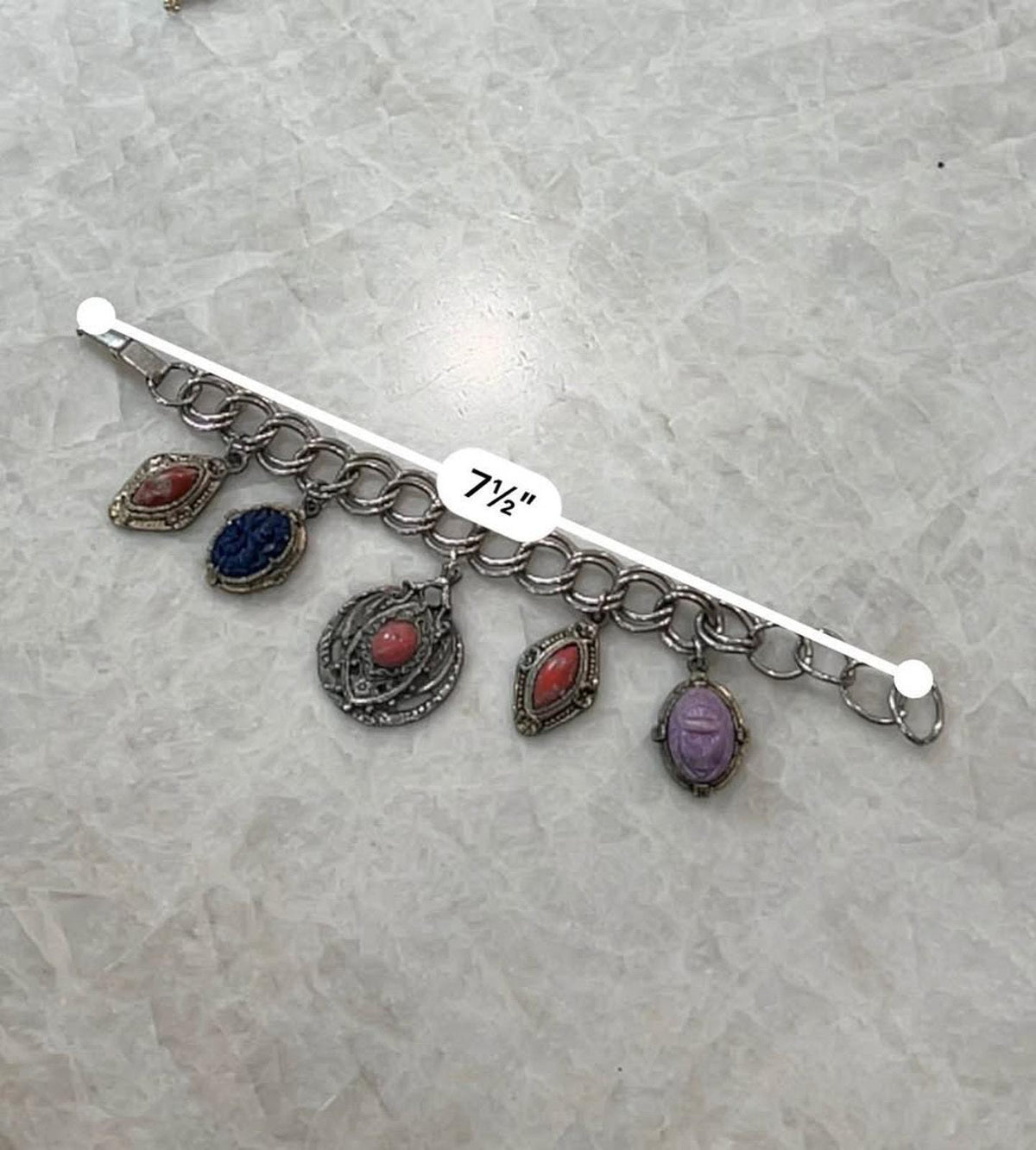 Vintage Mid Century Egyptian Revival Scarab and Intaglio Multi Charm Bracelet