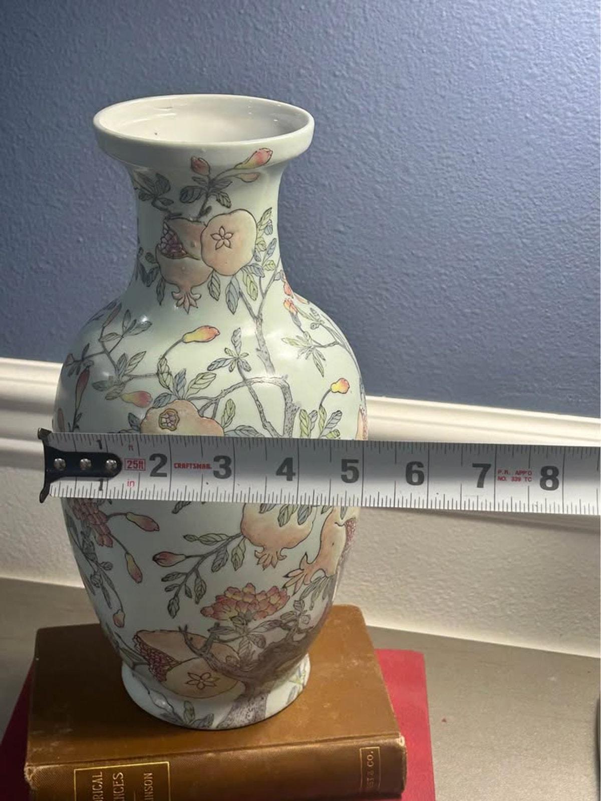 Vintage Chinese Porcelain Famille Rose Pomegranate Vase Celadon Ground Apocryphal Qianlong Mark