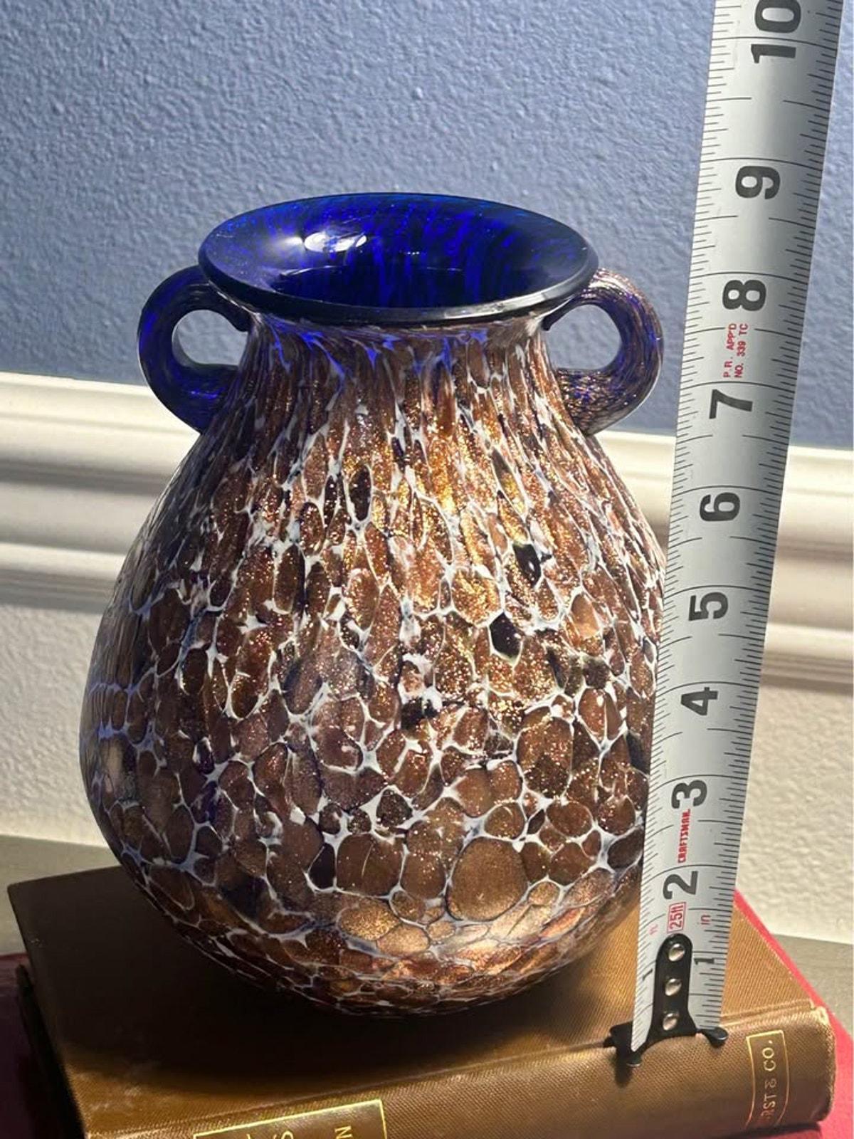 Vintage Cobalt Blue and Gold Aventurine Cased Art Glass Two Handled Amphora Urn Vase