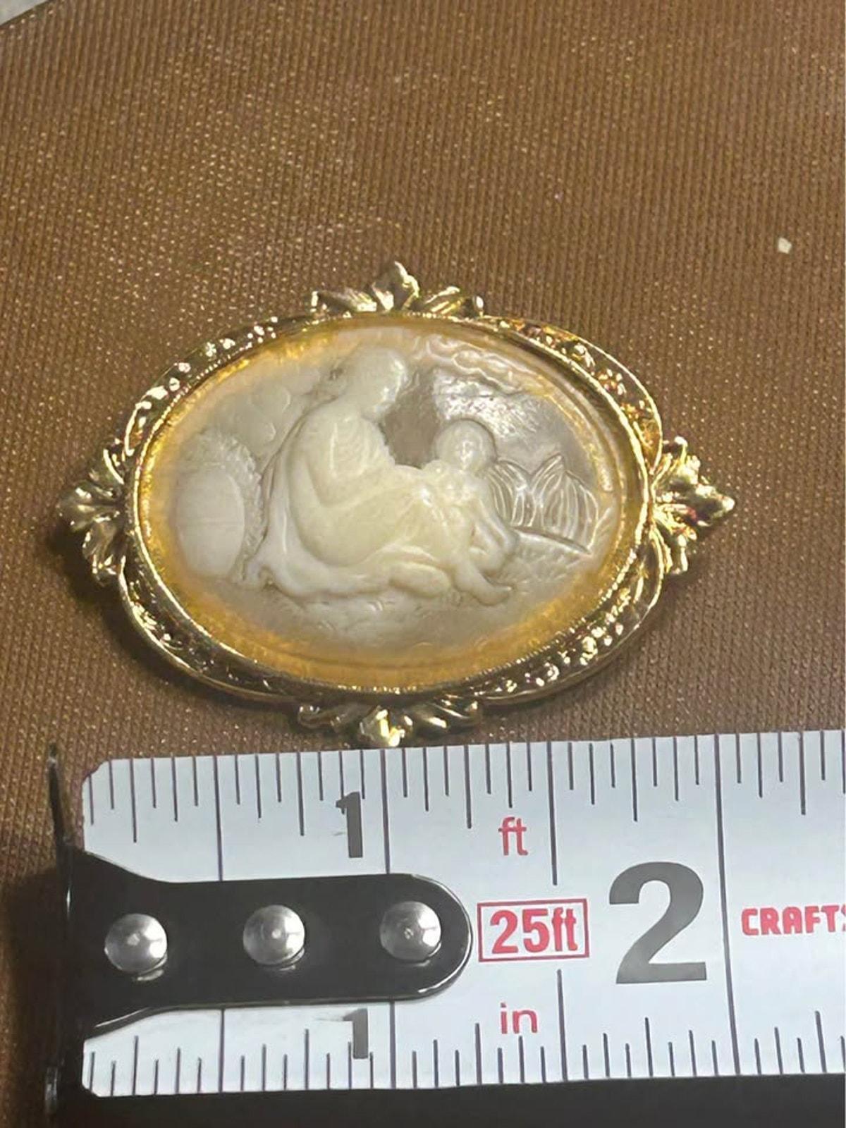 Vintage Victorian Revival Mother and Child Cameo Brooch Frosted Molded Inset Gold-Tone Frame