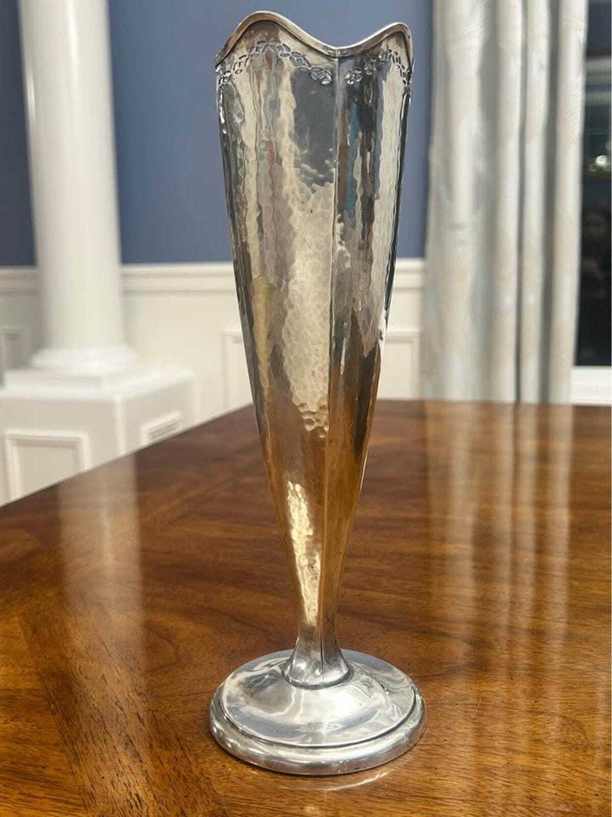 Antique Watson Company Hammered Sterling Silver Paneled Vase Pierced Rim 10"