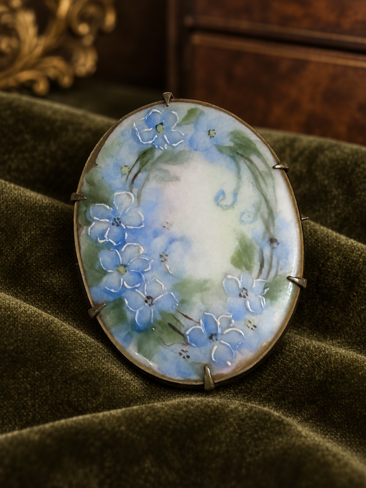Antique Hand-Painted Blue Forget-Me-Not Floral Brooch, Porcelain & Brass