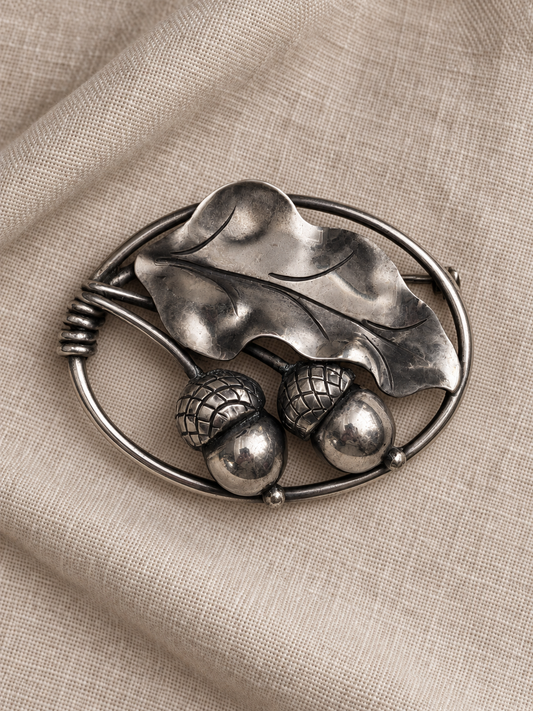 Vintage Georg Jensen USA Sterling Silver Acorn & Oak Leaf Brooch, Hand-Wrought No. 105