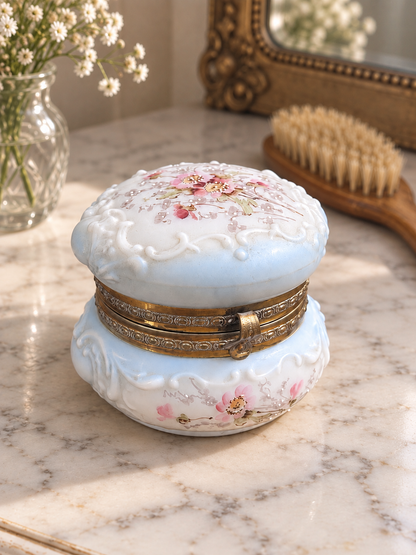 Antique Wave Crest Hand-Painted Floral Dresser Box, Pale Blue Opal Glass & Satin Lining