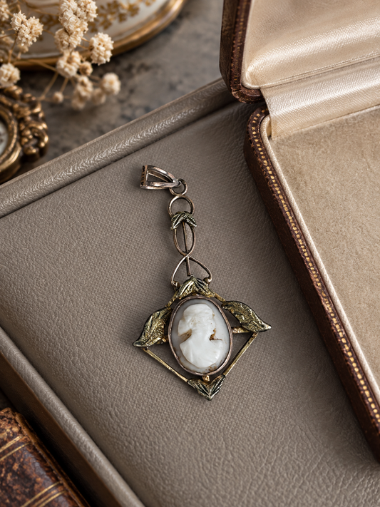 Antique 9k Gold Cameo Pendant with Sculpted Leaves & Delicate Openwork Frame