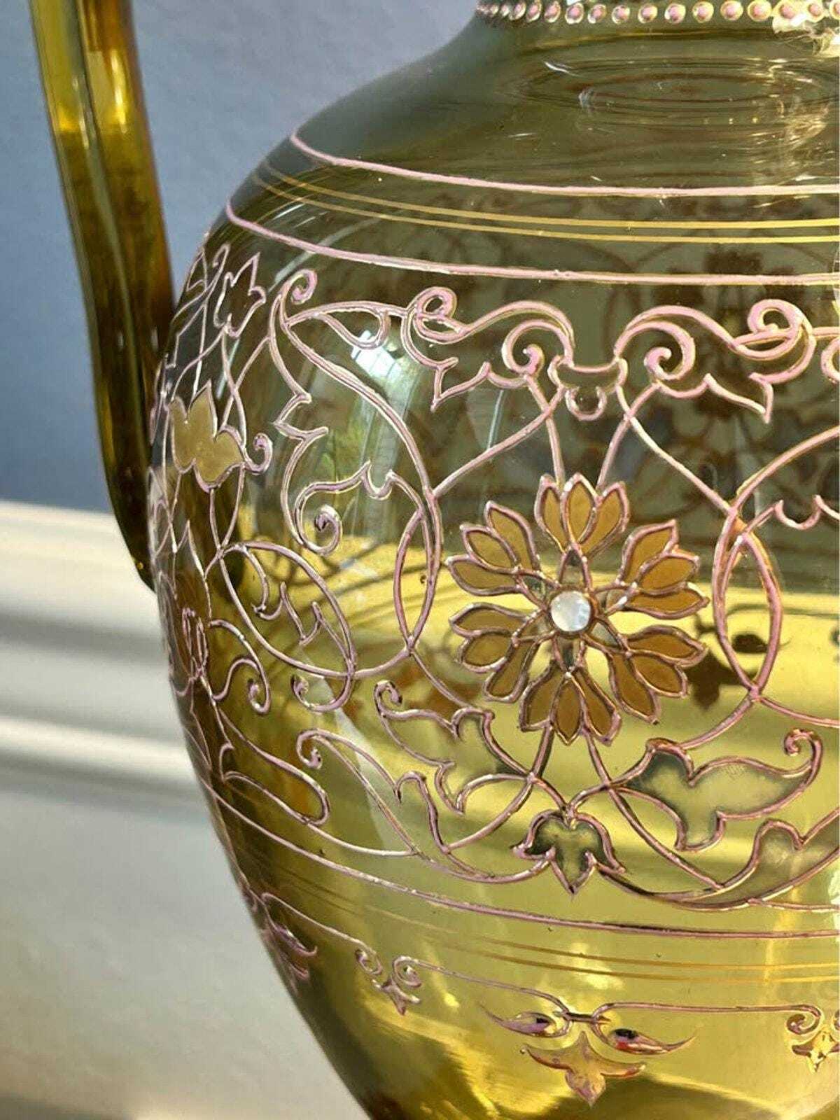 Antique Fritz Heckert Bohemian Art Glass Jeweled Ewer Pitcher