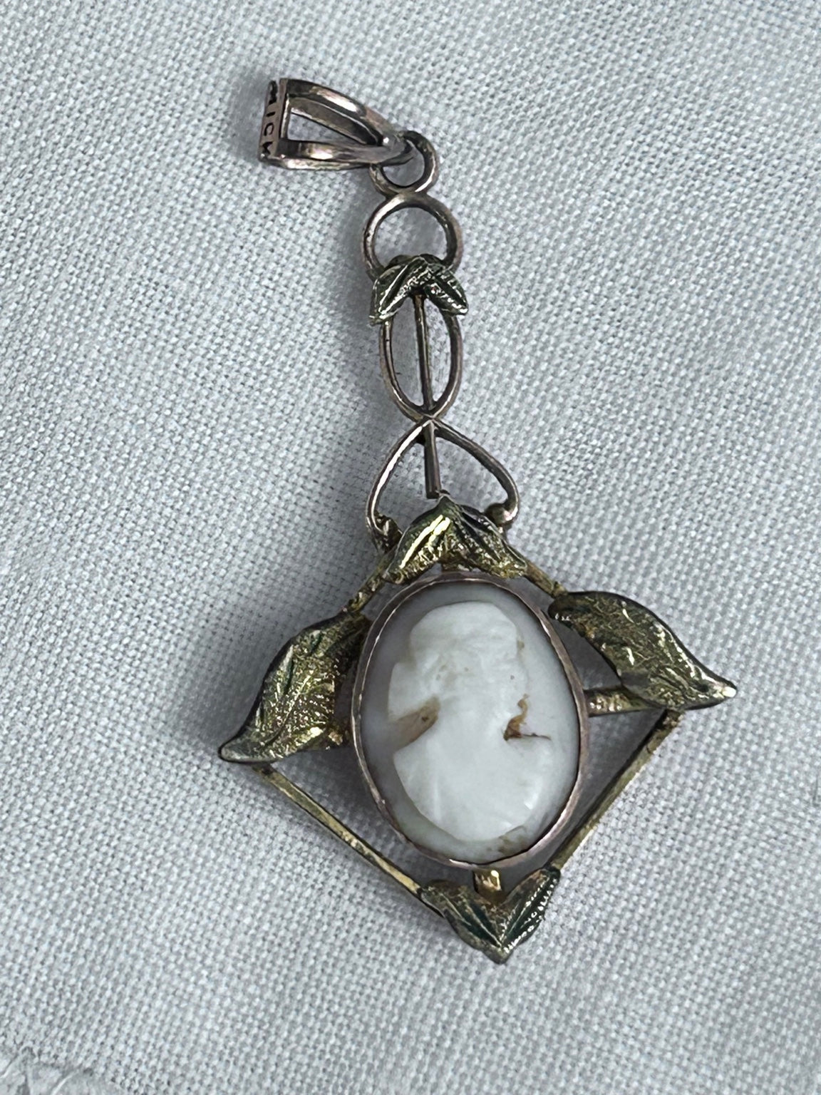 Antique 9k Gold Cameo Pendant with Sculpted Leaves & Delicate Openwork Frame