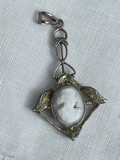 Antique 9k Gold Cameo Pendant with Sculpted Leaves & Delicate Openwork Frame