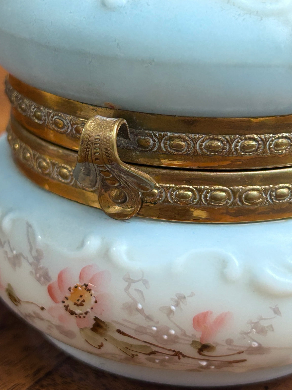 Antique Wave Crest Hand-Painted Floral Dresser Box, Pale Blue Opal Glass & Satin Lining