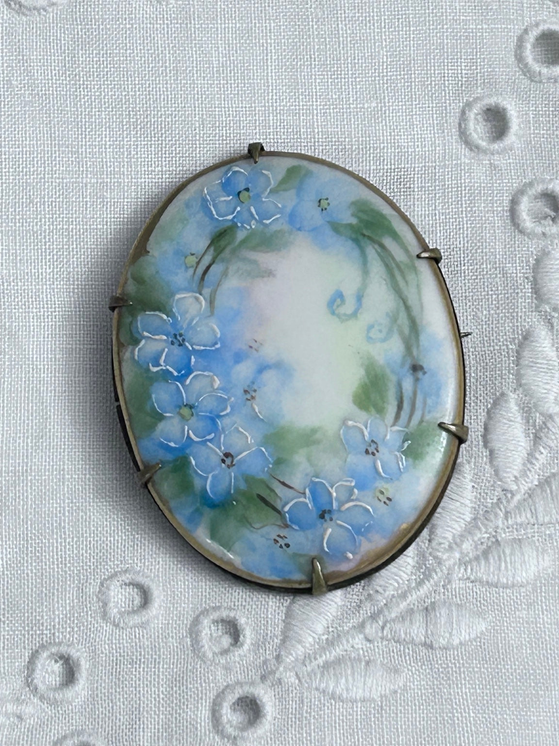 Antique Hand-Painted Blue Forget-Me-Not Floral Brooch, Porcelain & Brass