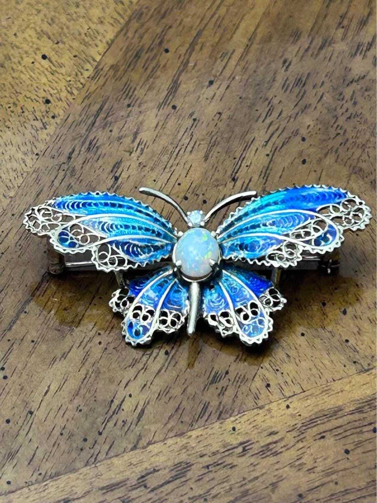 Vintage 14K Gold Plique-à-Jour Enamel Butterfly Brooch with Opal & Diamond