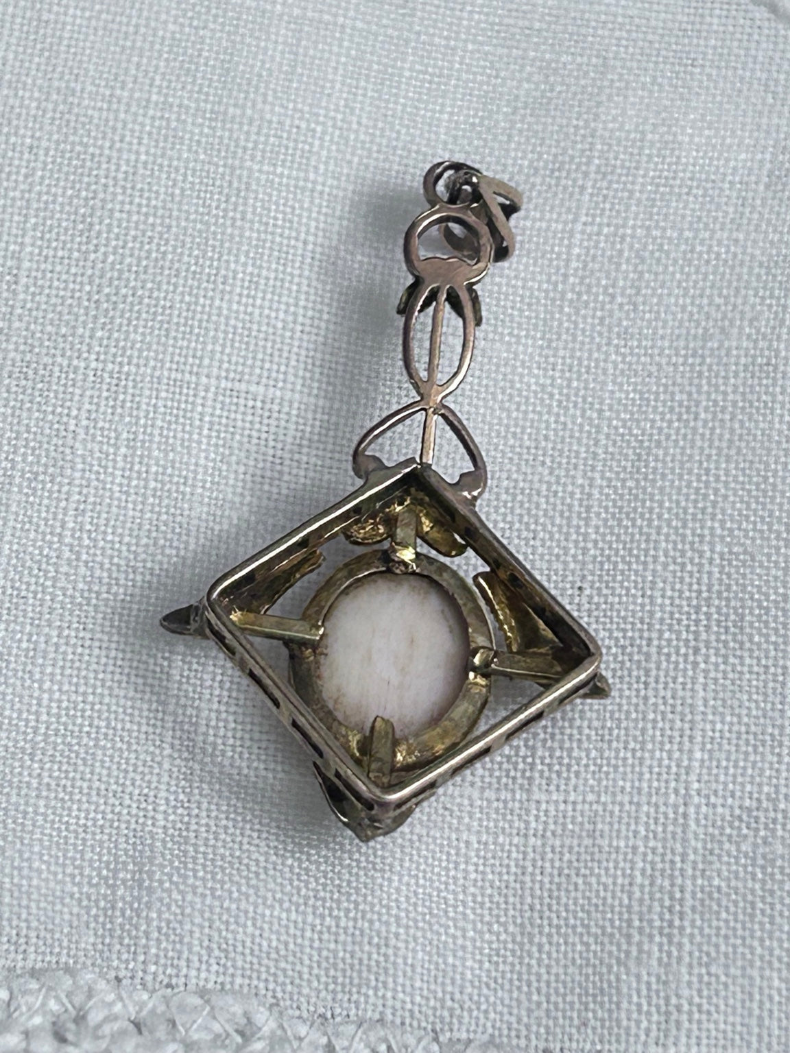 Antique 9k Gold Cameo Pendant with Sculpted Leaves & Delicate Openwork Frame
