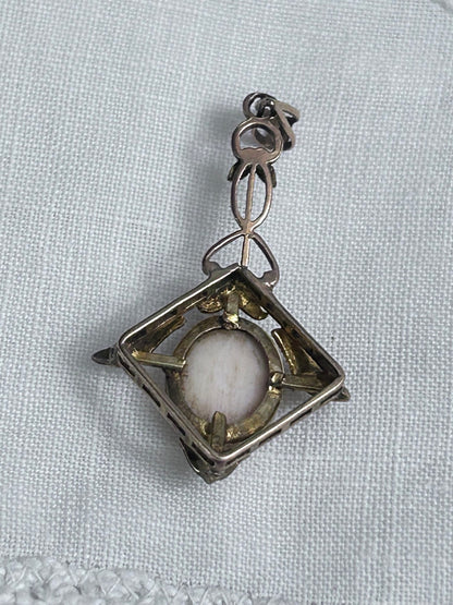 Antique 9k Gold Cameo Pendant with Sculpted Leaves & Delicate Openwork Frame