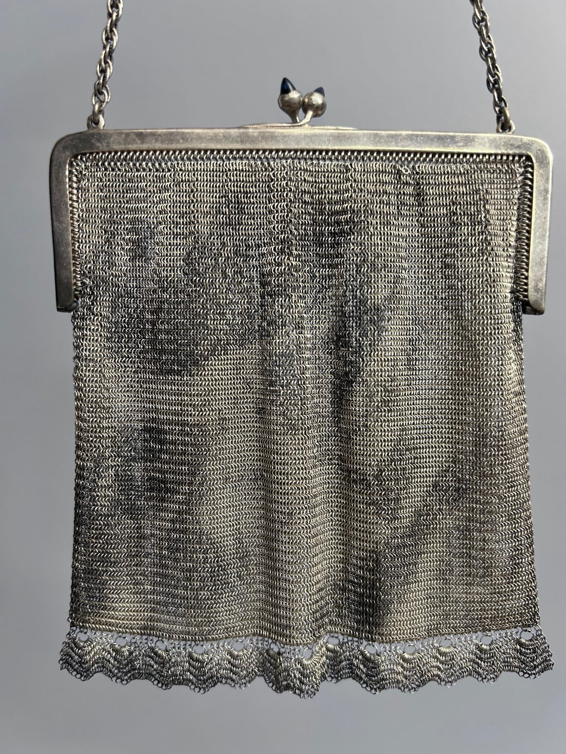 Antique Silver-Plated Mesh Purse with Blue Clasp, Marked G&Co