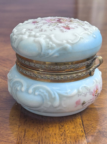 Antique Wave Crest Hand-Painted Floral Dresser Box, Pale Blue Opal Glass & Satin Lining