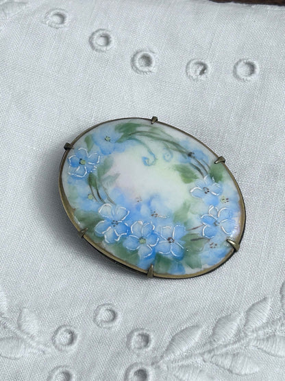 Antique Hand-Painted Blue Forget-Me-Not Floral Brooch, Porcelain & Brass