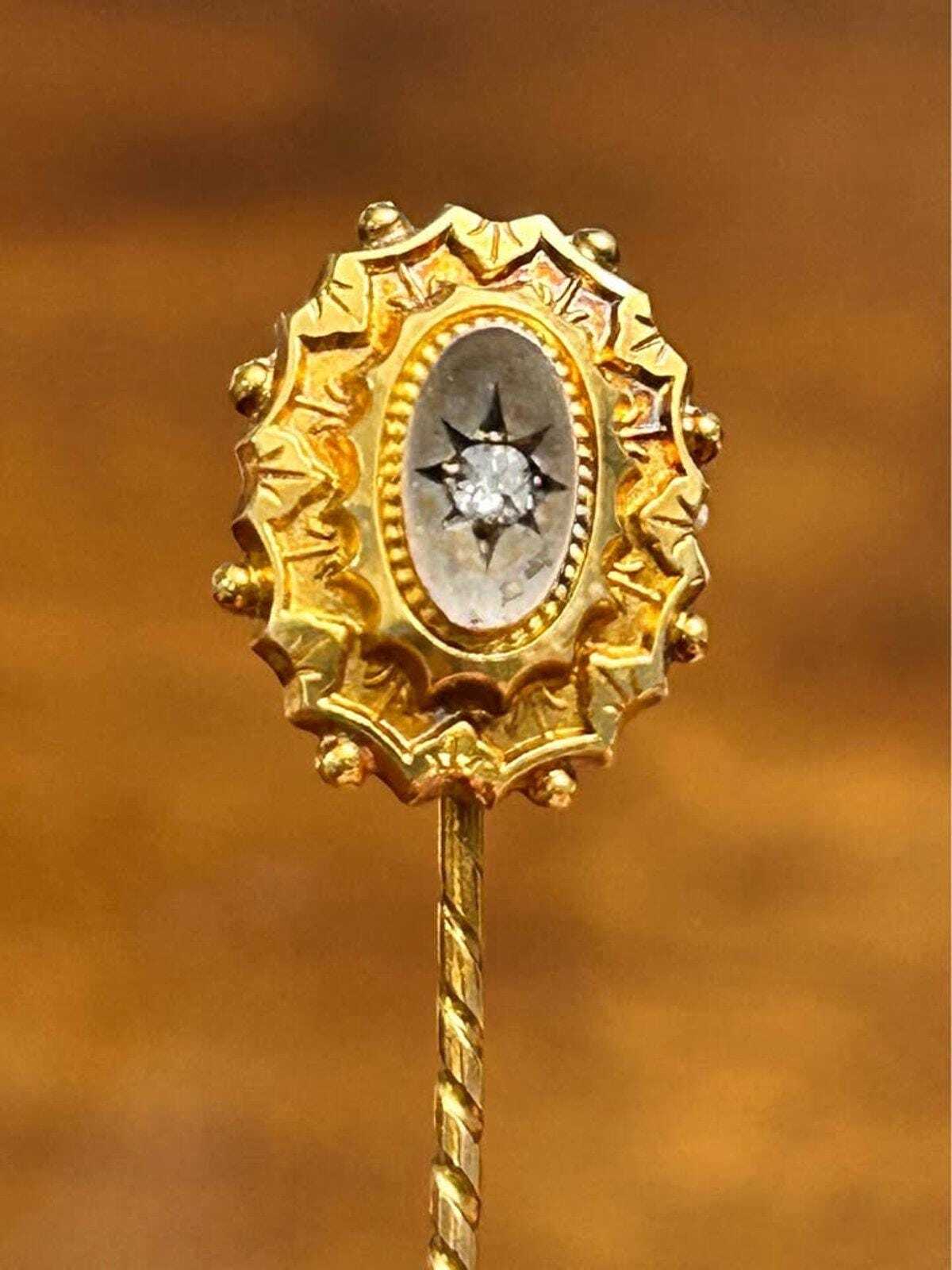 Antique Victorian 15ct Gold Diamond Stick Pin in Original Ainsworth & Sons Box