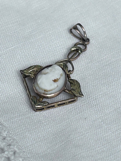 Antique 9k Gold Cameo Pendant with Sculpted Leaves & Delicate Openwork Frame