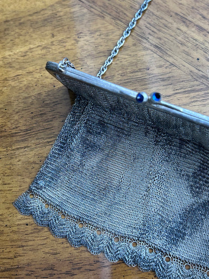 Antique Silver-Plated Mesh Purse with Blue Clasp, Marked G&Co