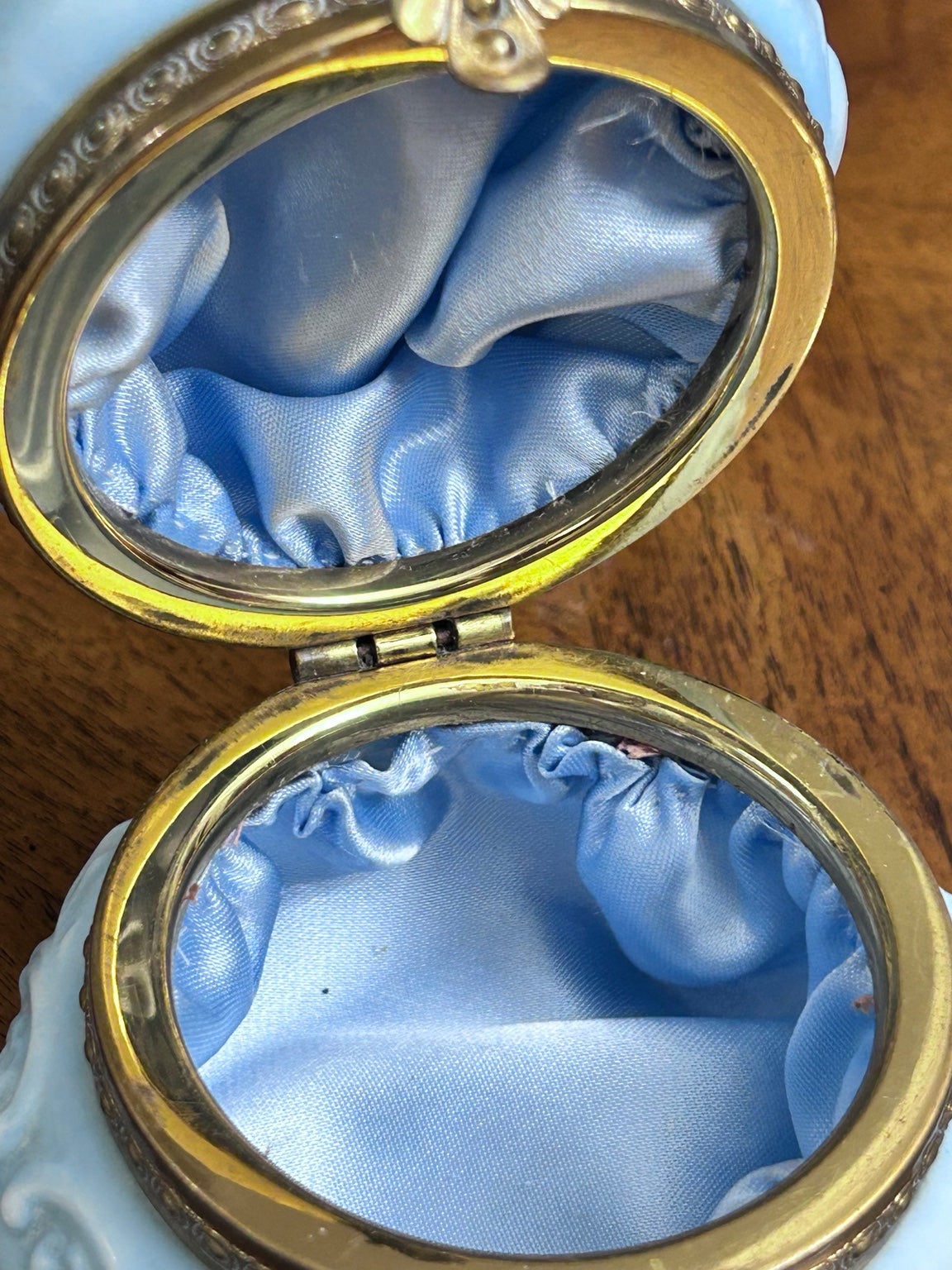 Antique Wave Crest Hand-Painted Floral Dresser Box, Pale Blue Opal Glass & Satin Lining
