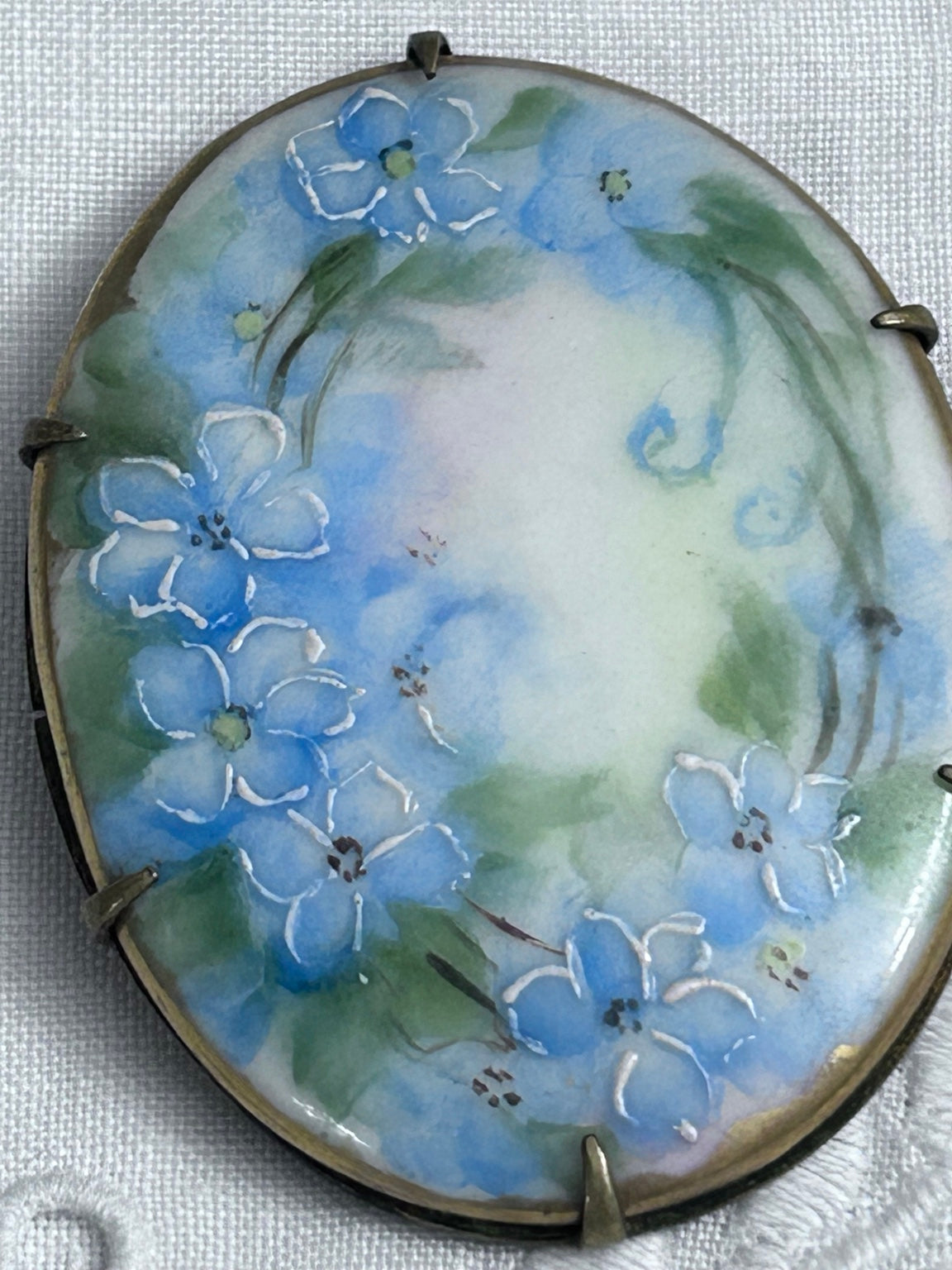 Antique Hand-Painted Blue Forget-Me-Not Floral Brooch, Porcelain & Brass