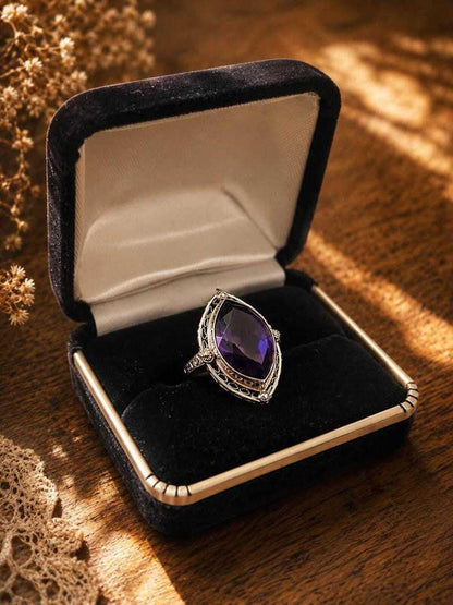 Antique Art Deco 10K Gold Navette Amethyst Filigree Statement Ring - size 4