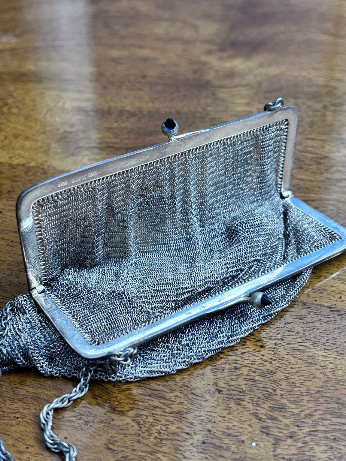 Antique Silver-Plated Mesh Purse with Blue Clasp, Marked G&Co