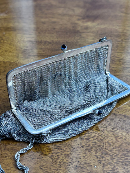 Antique Silver-Plated Mesh Purse with Blue Clasp, Marked G&Co