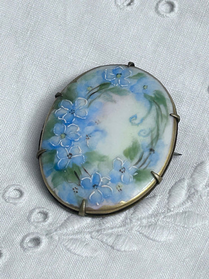 Antique Hand-Painted Blue Forget-Me-Not Floral Brooch, Porcelain & Brass