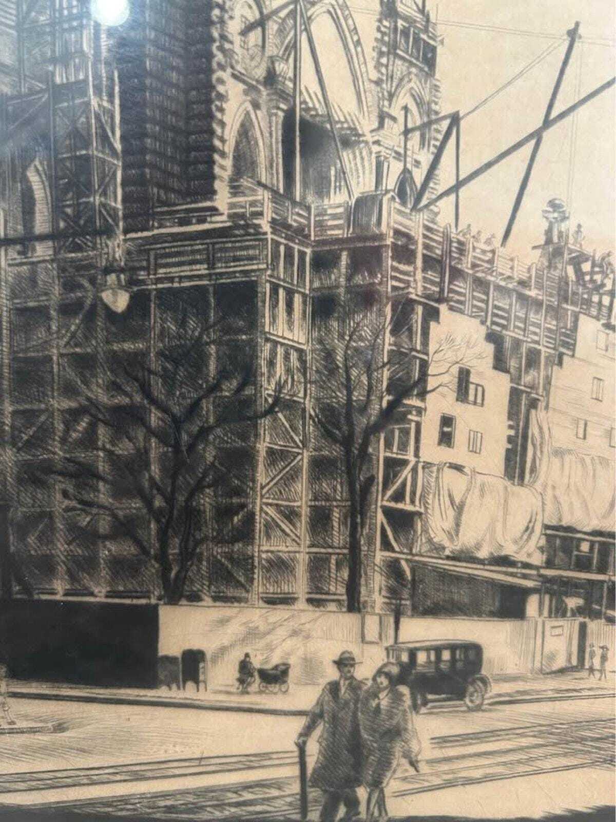 Walter Tittle Drypoint Etching: Cathedral of St. John the Divine NYC c. 1924 Signed Print