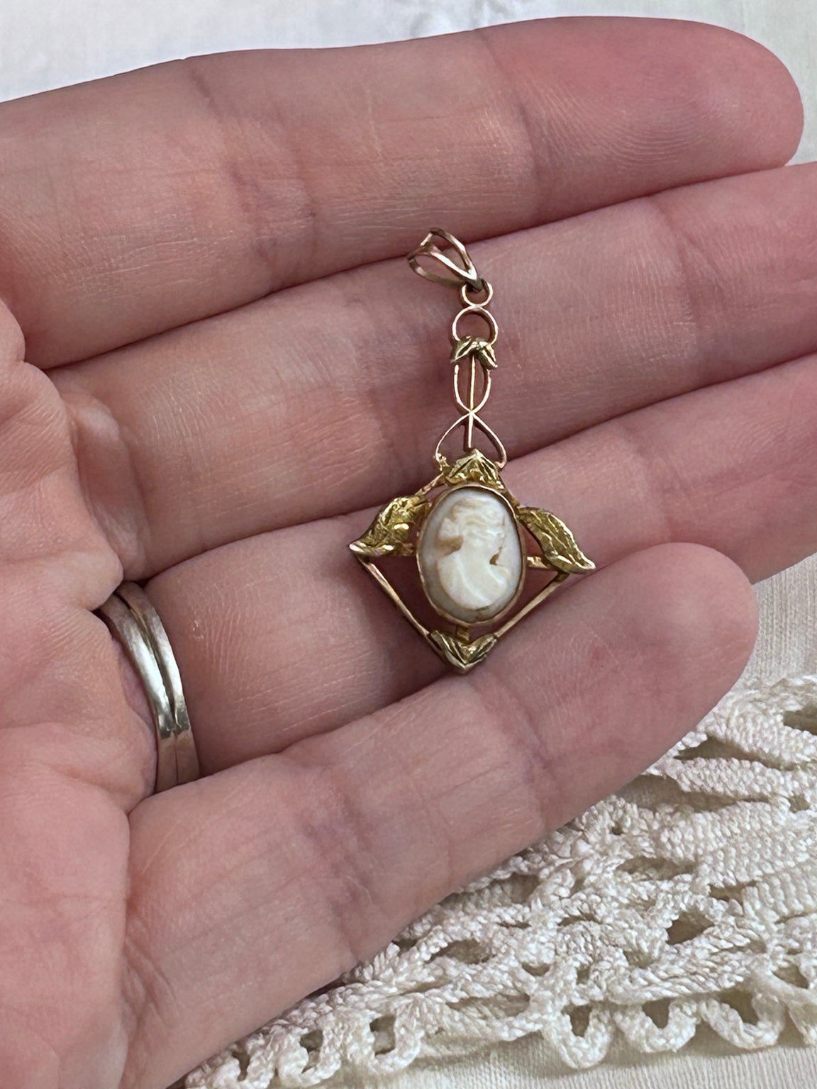 Antique 9k Gold Cameo Pendant with Sculpted Leaves & Delicate Openwork Frame