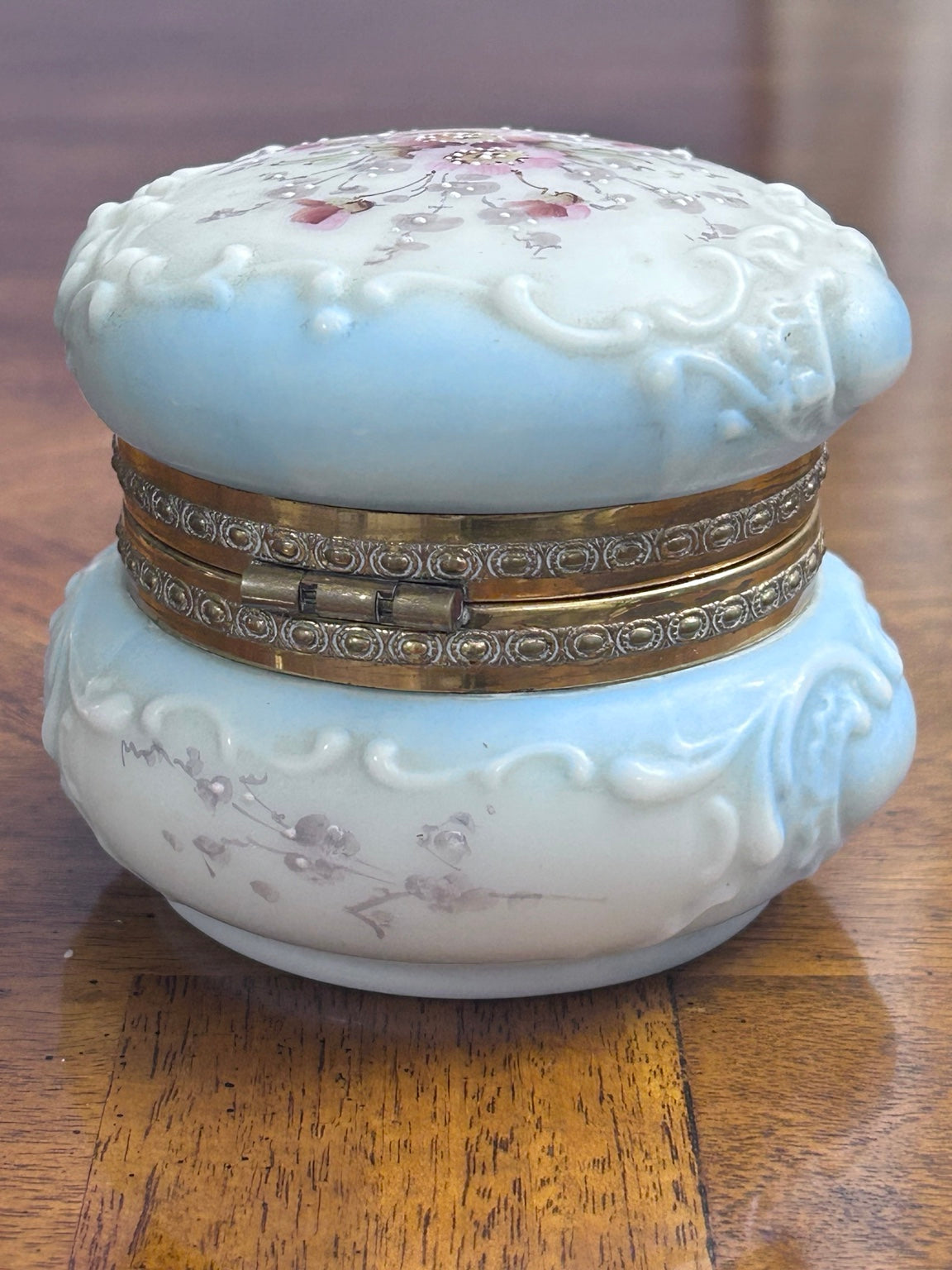 Antique Wave Crest Hand-Painted Floral Dresser Box, Pale Blue Opal Glass & Satin Lining