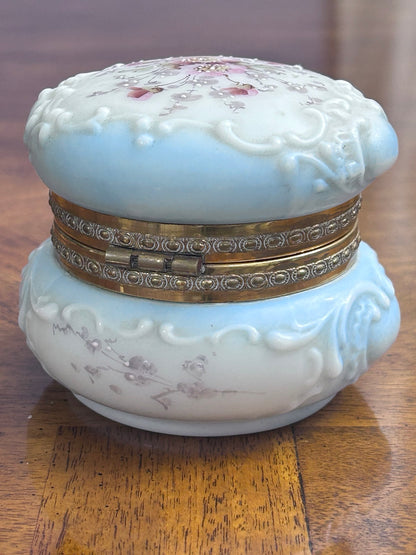 Antique Wave Crest Hand-Painted Floral Dresser Box, Pale Blue Opal Glass & Satin Lining