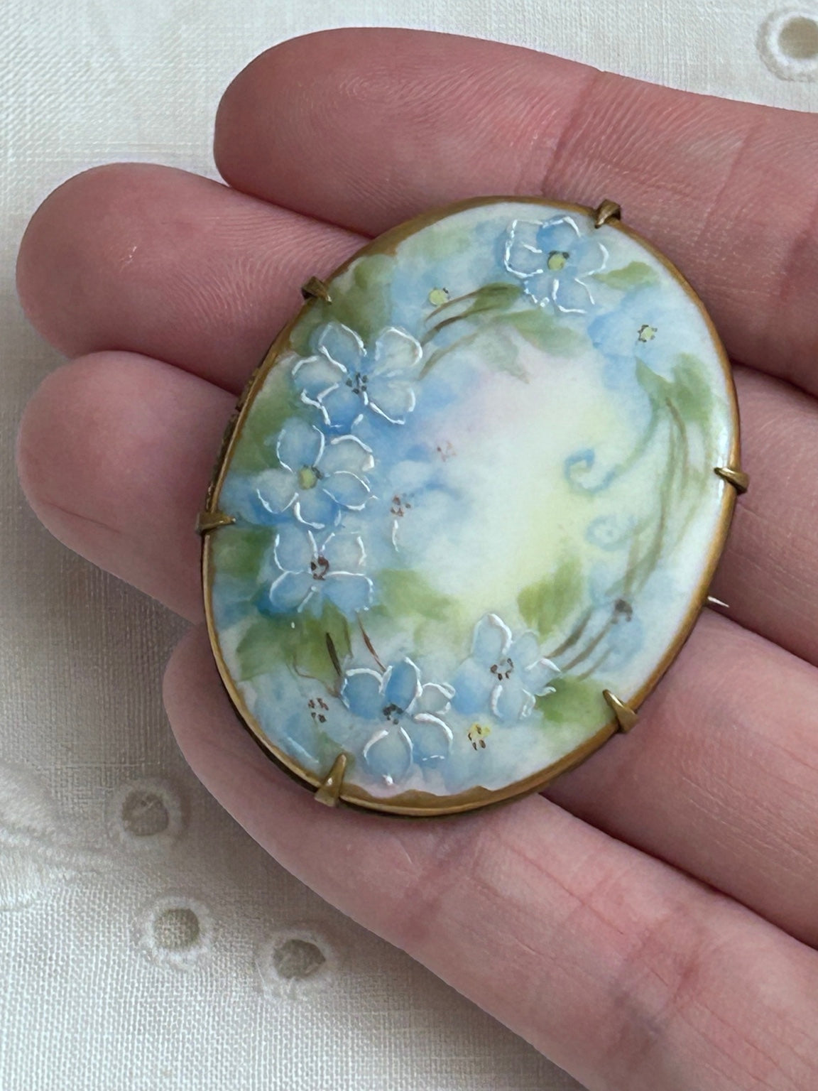 Antique Hand-Painted Blue Forget-Me-Not Floral Brooch, Porcelain & Brass