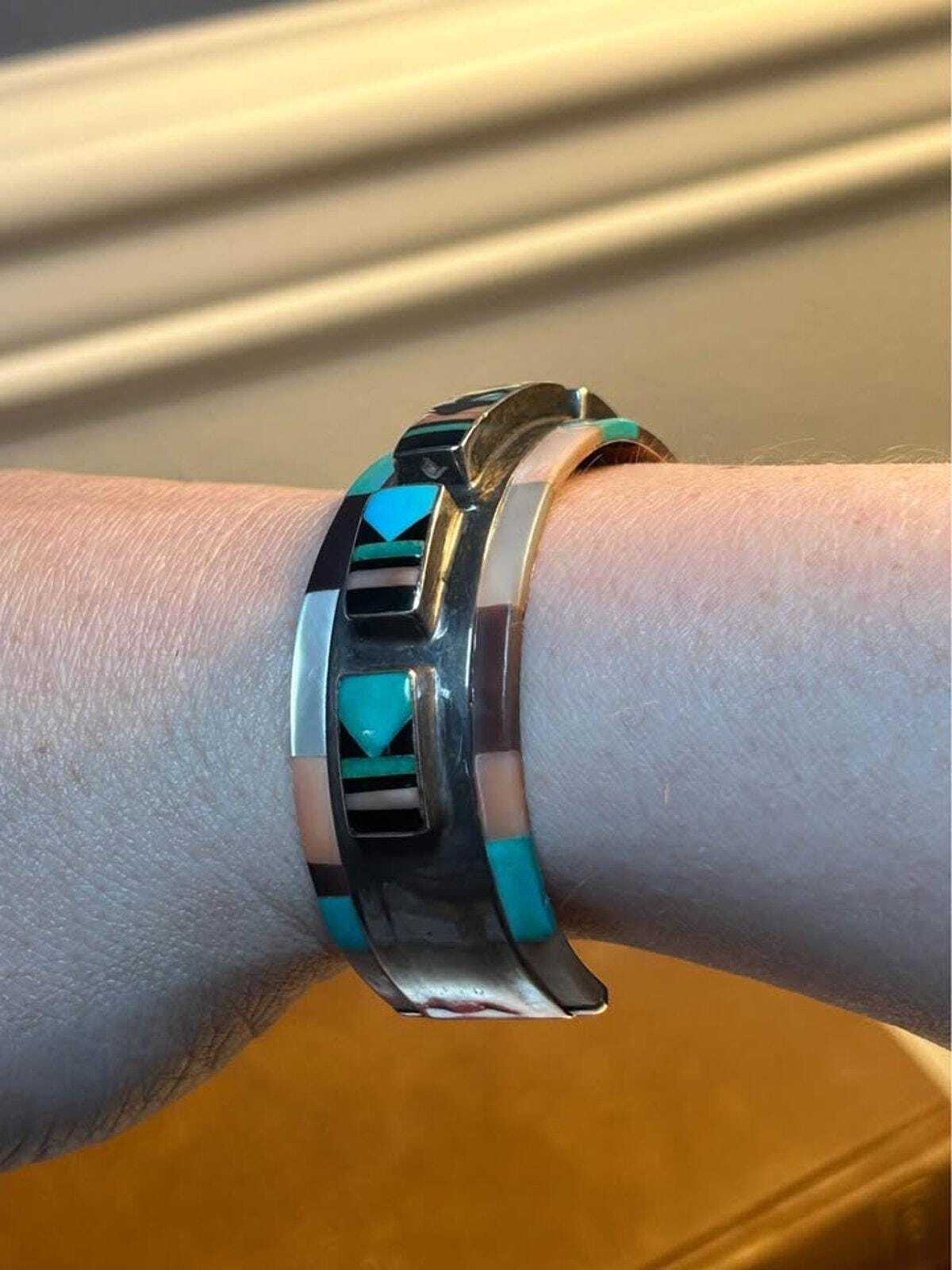 Vintage Zuni Olivia Panteah Sterling Silver Multi-Stone Raised Inlay Cuff Bracelet