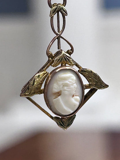 Antique 9k Gold Cameo Pendant with Sculpted Leaves & Delicate Openwork Frame