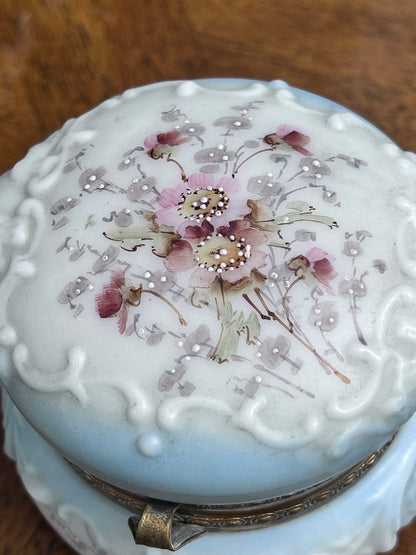 Antique Wave Crest Hand-Painted Floral Dresser Box, Pale Blue Opal Glass & Satin Lining