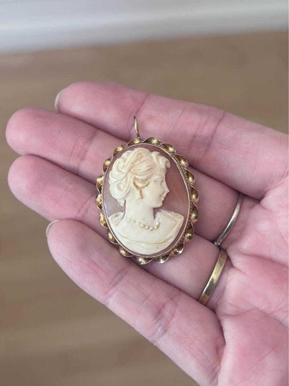 Vintage 14k Yellow Gold Carved Shell Cameo Brooch Pendant, Intricate Classical Profile
